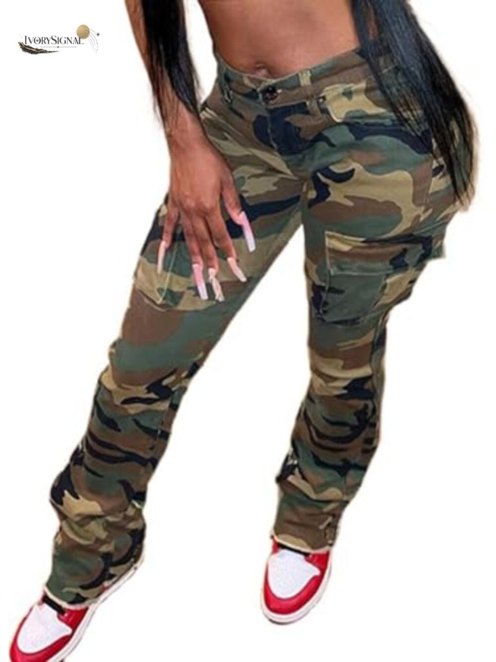 Women's High Waisted Cargo Jogger Sweatpants Camo Army Fatigue Pants with